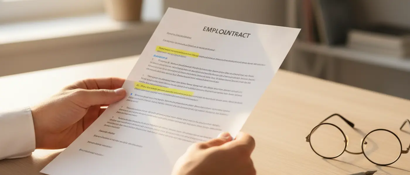 Hände prüfen einen deutschen Arbeitsvertrag mit markierten Klauseln auf einem Schreibtisch