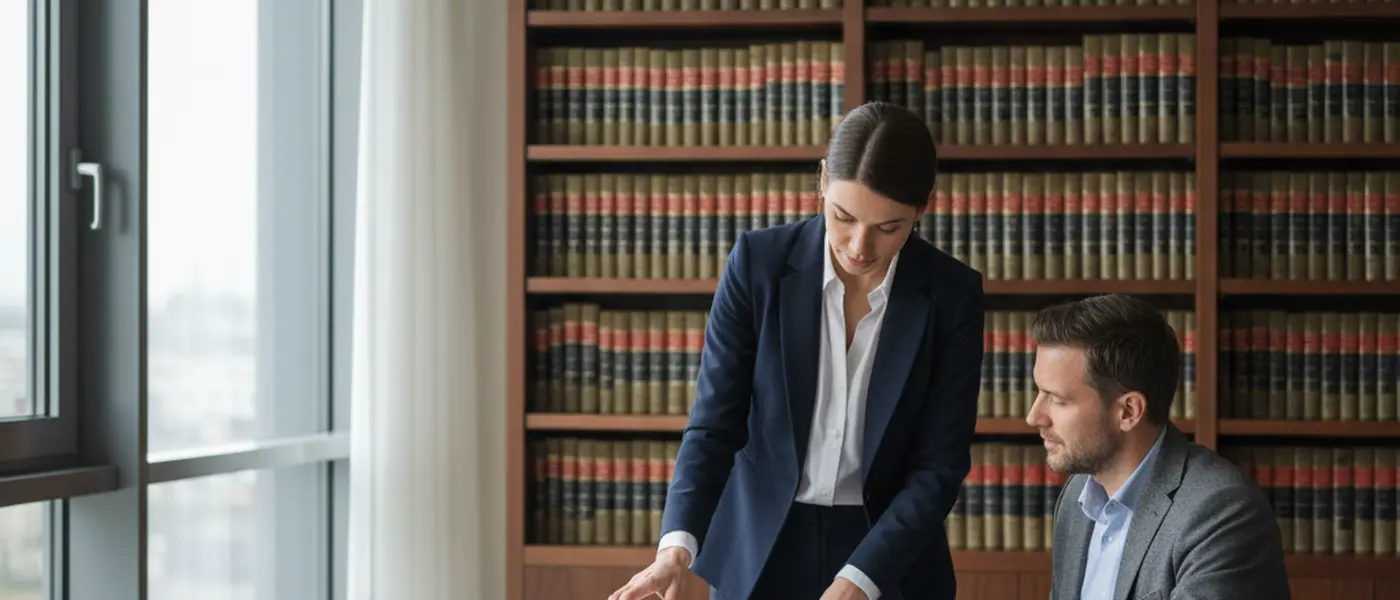 Anwältin erklärt einem Unternehmer rechtliche Dokumente in einer deutschen Kanzlei