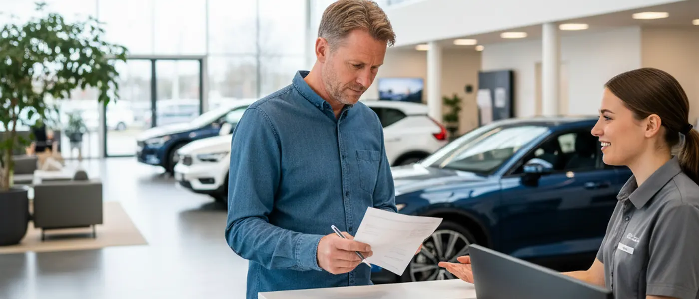 Man bekijkt een reparatiefactuur aan de balie van een merkdealer met showroom op de achtergrond