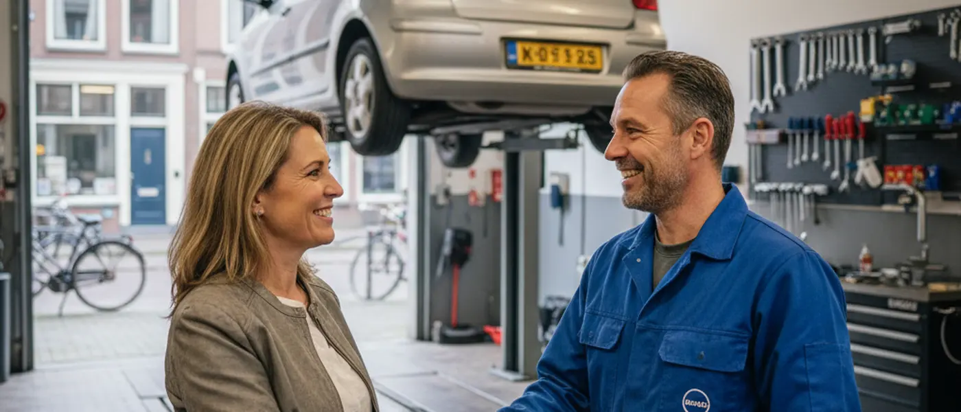 Auto-eigenaar schudt de hand van een monteur in een onafhankelijke buurtgarage met een auto op de hefbrug