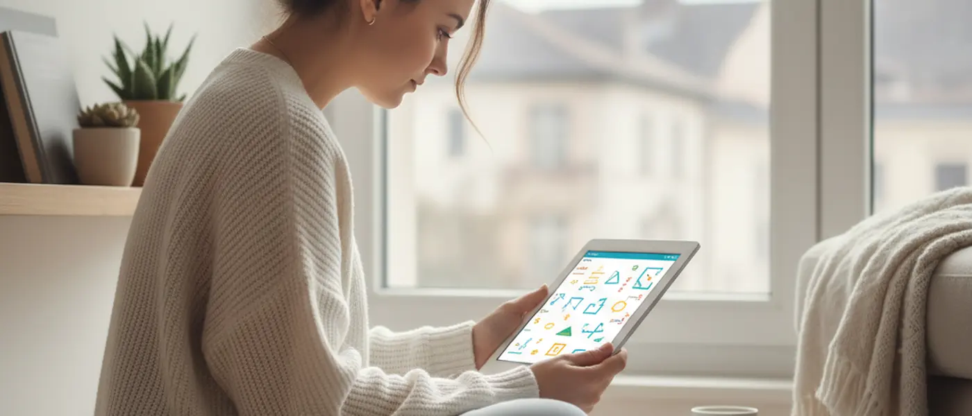 Schülerin nutzt eine Lernapp auf dem Tablet mit Matheaufgaben am Schreibtisch