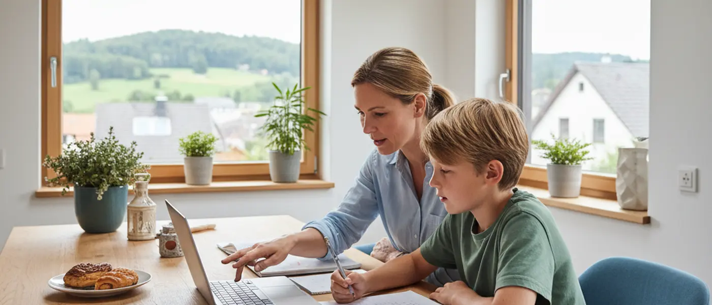 Mutter und Tochter besprechen Hausaufgaben am Laptop in einer deutschen Küche