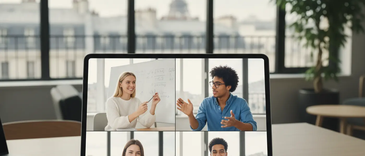 Schülerin bei einer Online-Nachhilfestunde per Videoanruf am Laptop in einem hellen Zimmer