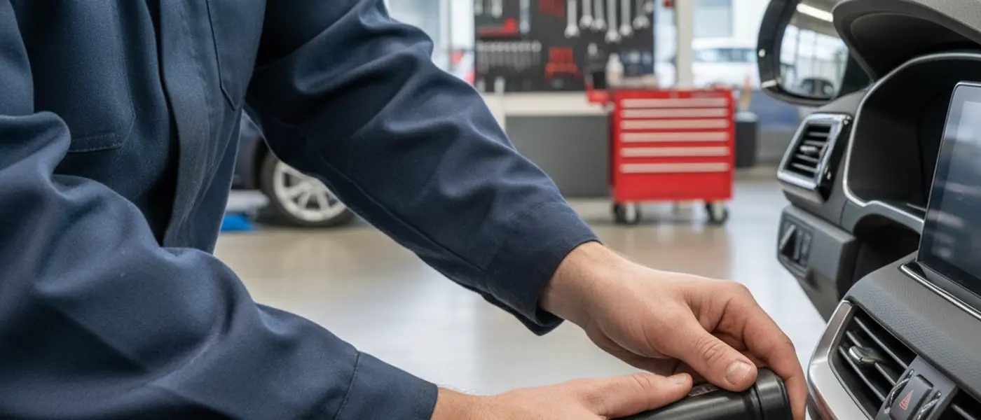 Mécanicien connectant un outil de diagnostic OBD-II au port tableau de bord d'une voiture dans un atelier