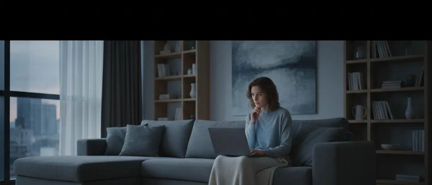 Personne seule regardant un film sur laptop dans une pièce peu éclairée, lumière de l'écran