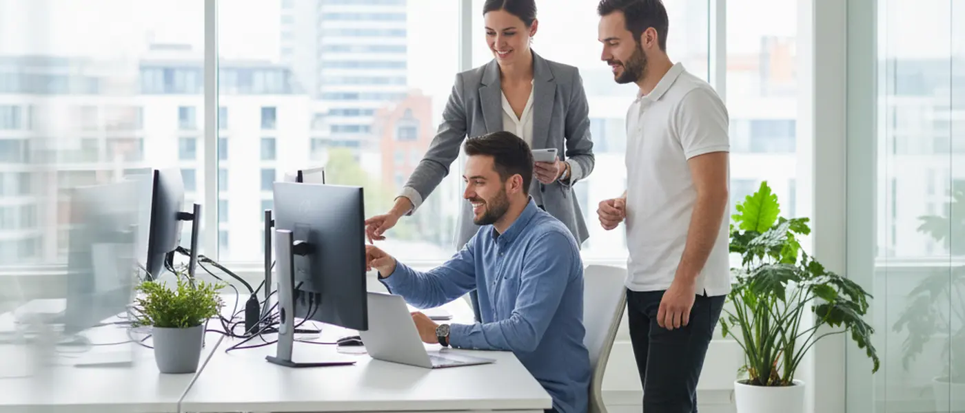 IT support engineer monitoring network dashboards on dual screens in a modern UK office