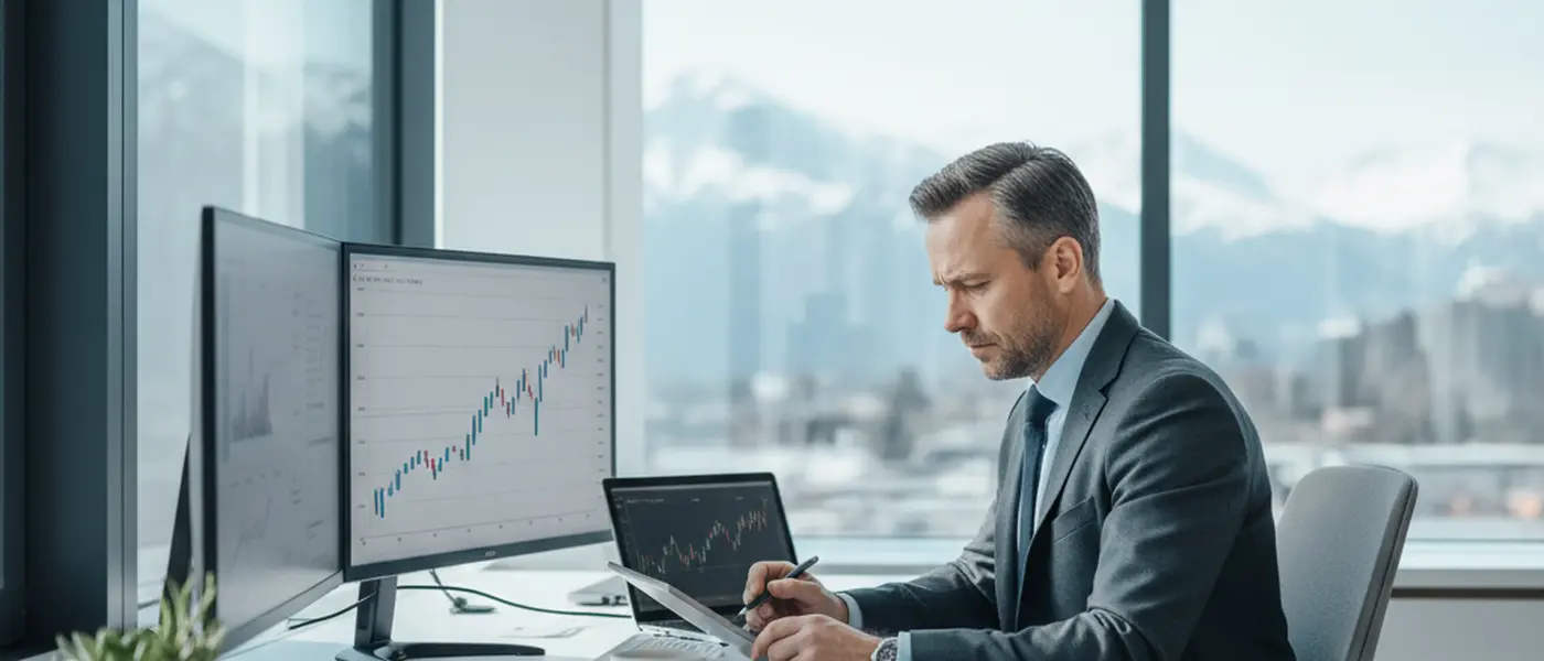 Norsk finansrådgiver med grafer og dokumenter ved skrivebord