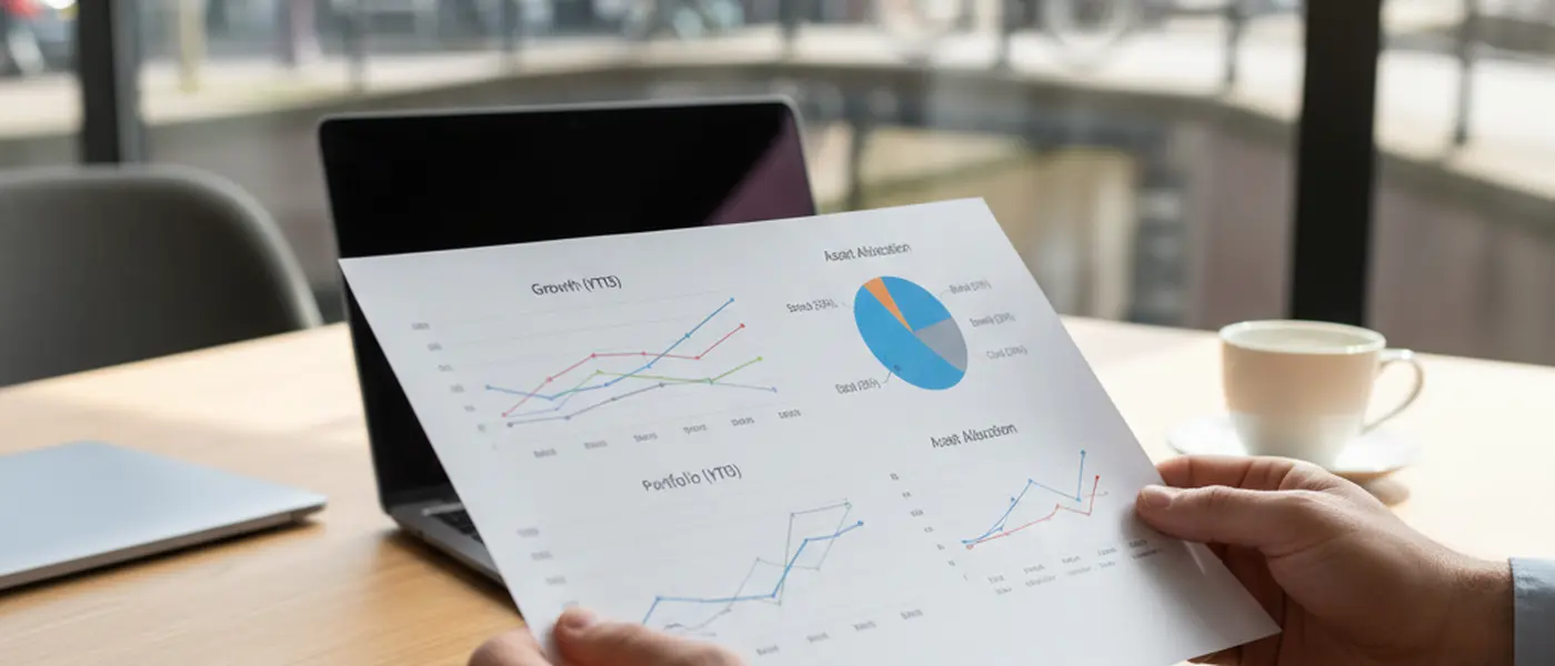 Financieel document met beleggingsgrafieken en vermogensallocatie op een bureau