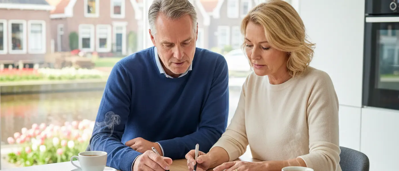 Nederlands stel bestudeert samen een vermogensbeheerovereenkomst aan de keukentafel