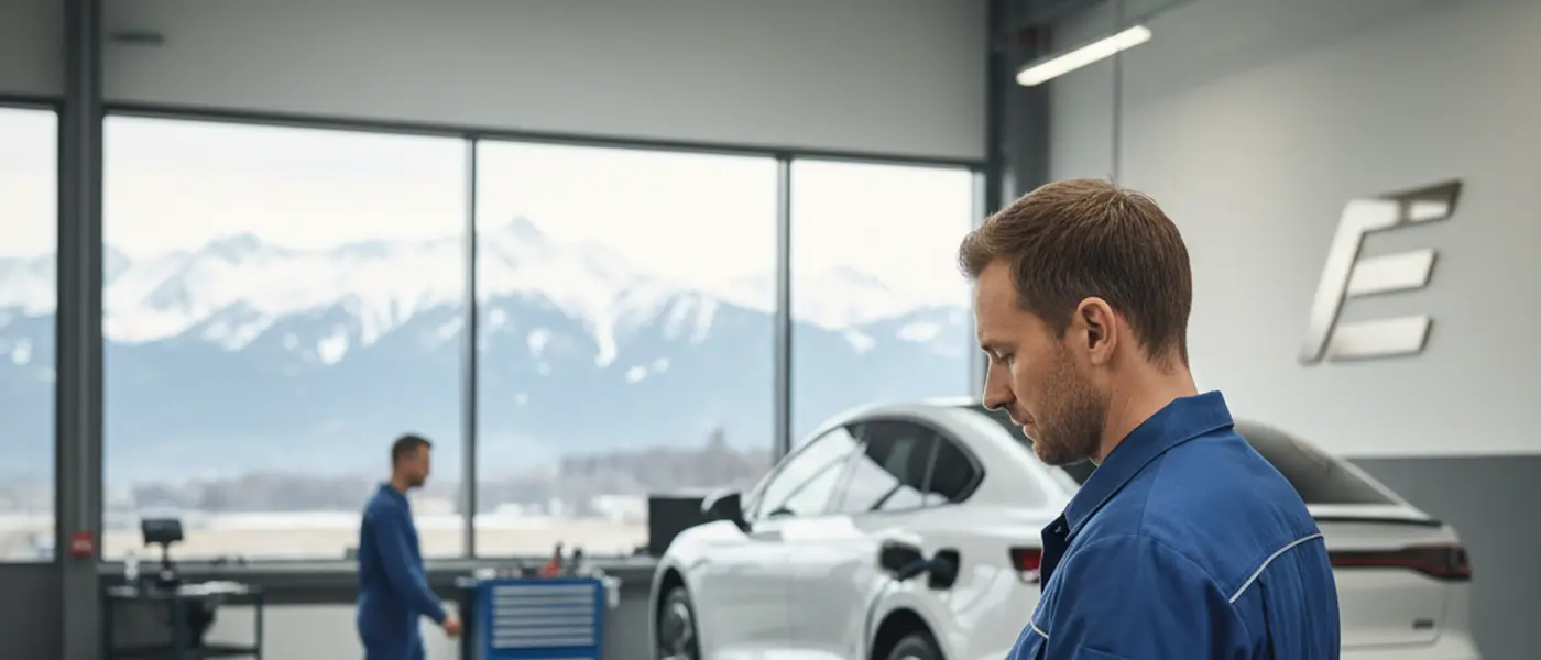 Österreichischer Kfz-Mechaniker in blauer Uniform prüft mit Diagnosetablet ein weißes Elektroauto in moderner Werkstatt