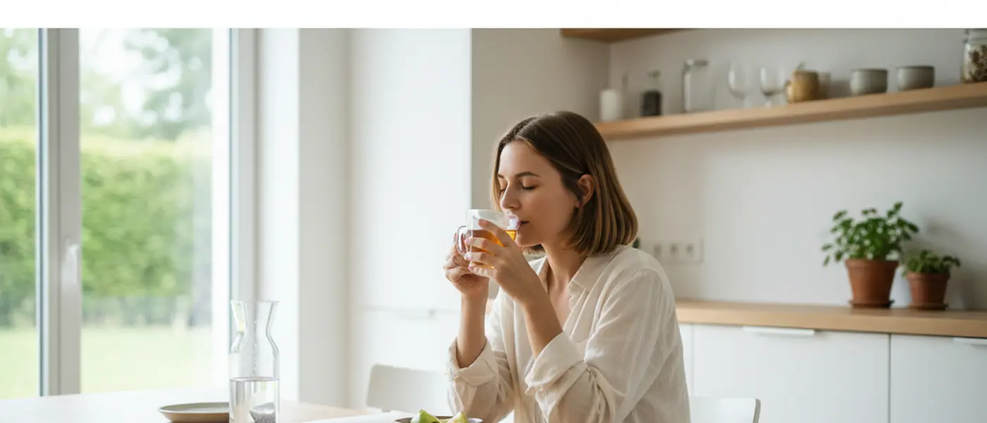 Junge Frau trinkt ruhig Kräutertee beim Heilfasten am Küchentisch