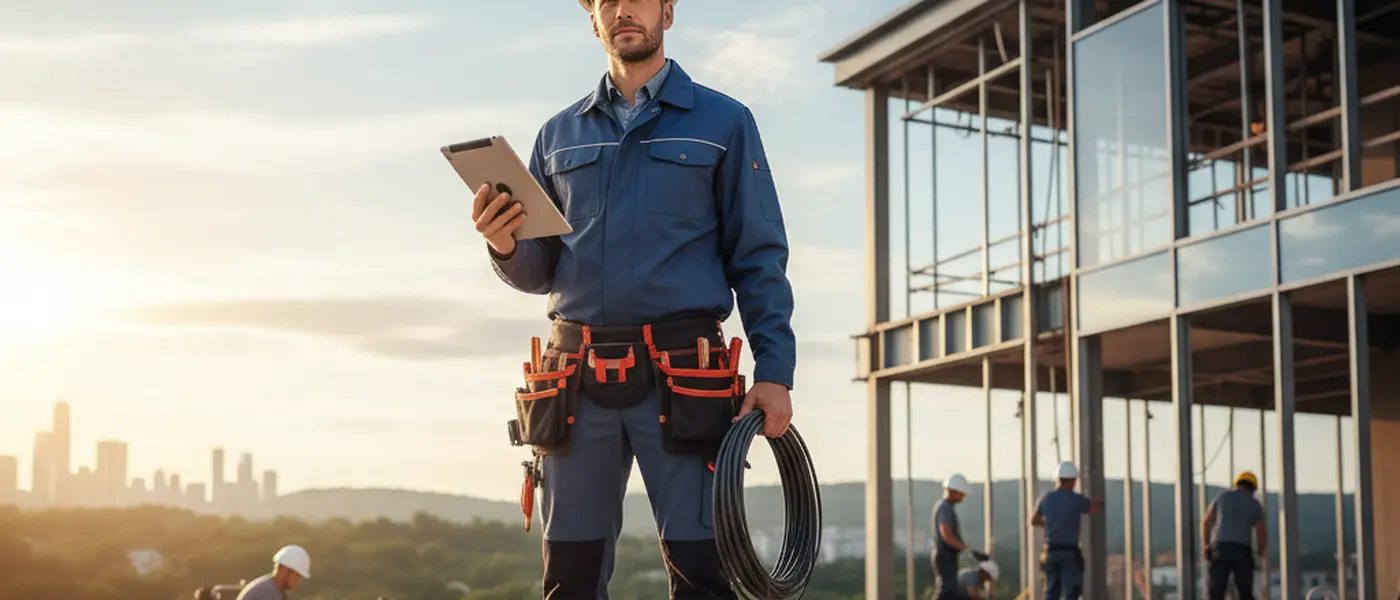 Électricien professionnel vérifiant un tableau électrique résidentiel dans un appartement français lumineux