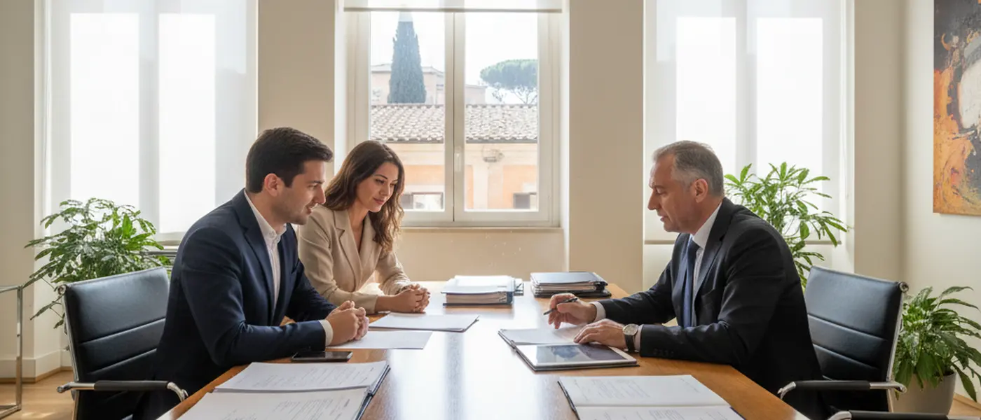Coppia italiana che esamina un contratto immobiliare con un professionista in uno studio notarile a Roma