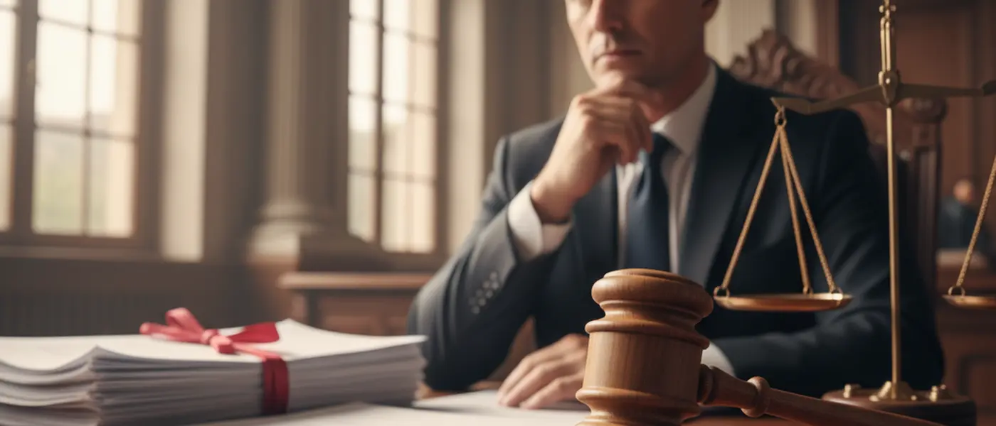 Martelletto del giudice su una scrivania di tribunale con documenti immobiliari e una bilancia della giustizia sullo sfondo