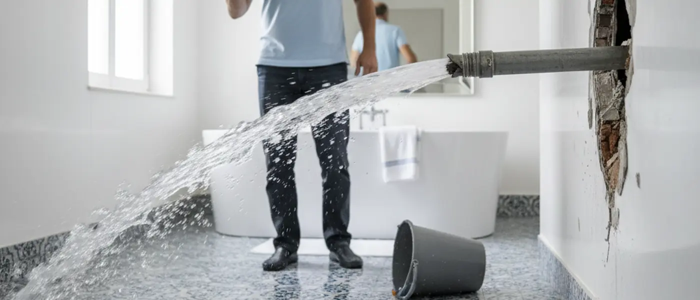 Cano rebentado a jorrar água numa casa de banho portuguesa, com toalhas no chão a absorver a inundação