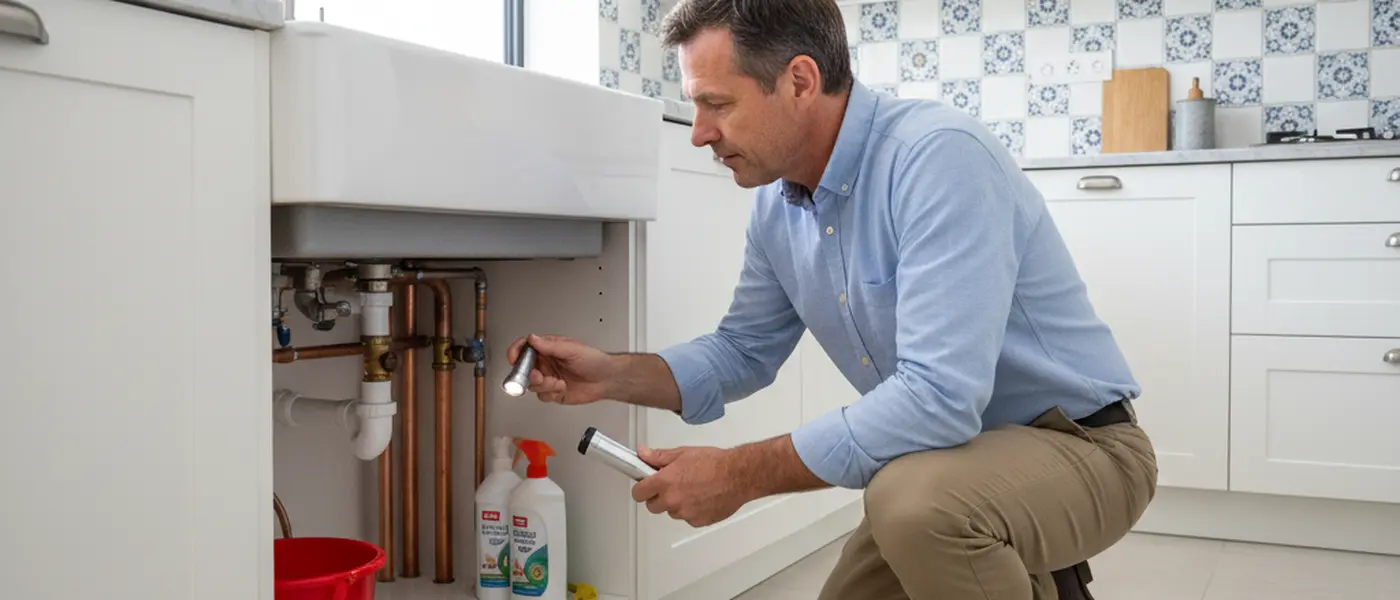 Proprietário a inspecionar canos de cobre debaixo de um lavatório com lanterna durante manutenção preventiva