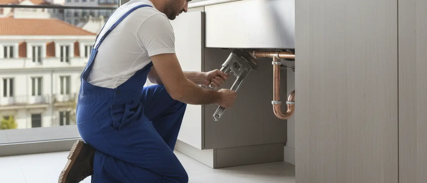 Canalizador português de macacão azul a reparar um cano de cobre debaixo de um lavatório numa cozinha moderna