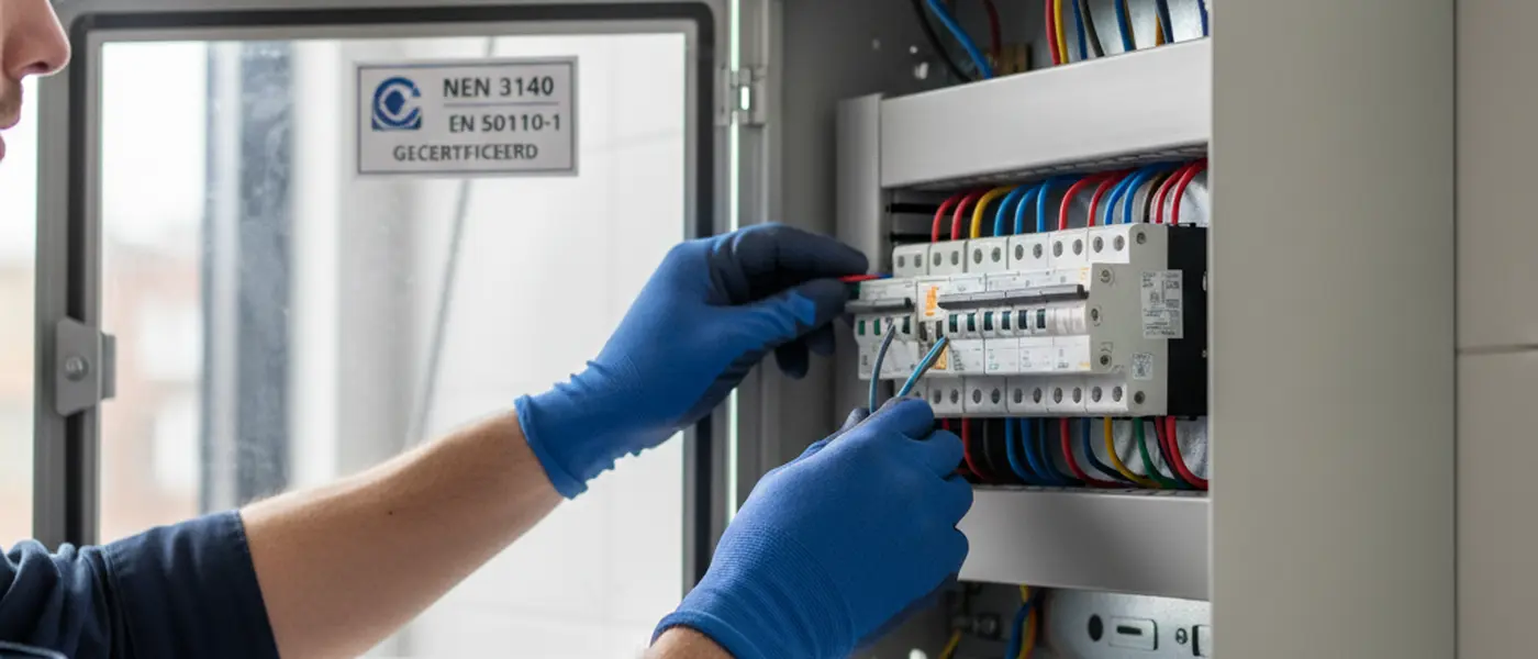 Handen van een gecertificeerd elektricien die bedrading aansluit in een moderne groepenkast met NEN-keurmerk