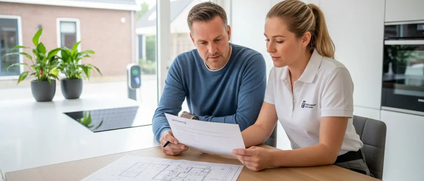Huiseigenaar en elektricien bekijken samen een offerte aan de keukentafel met een installatieschema