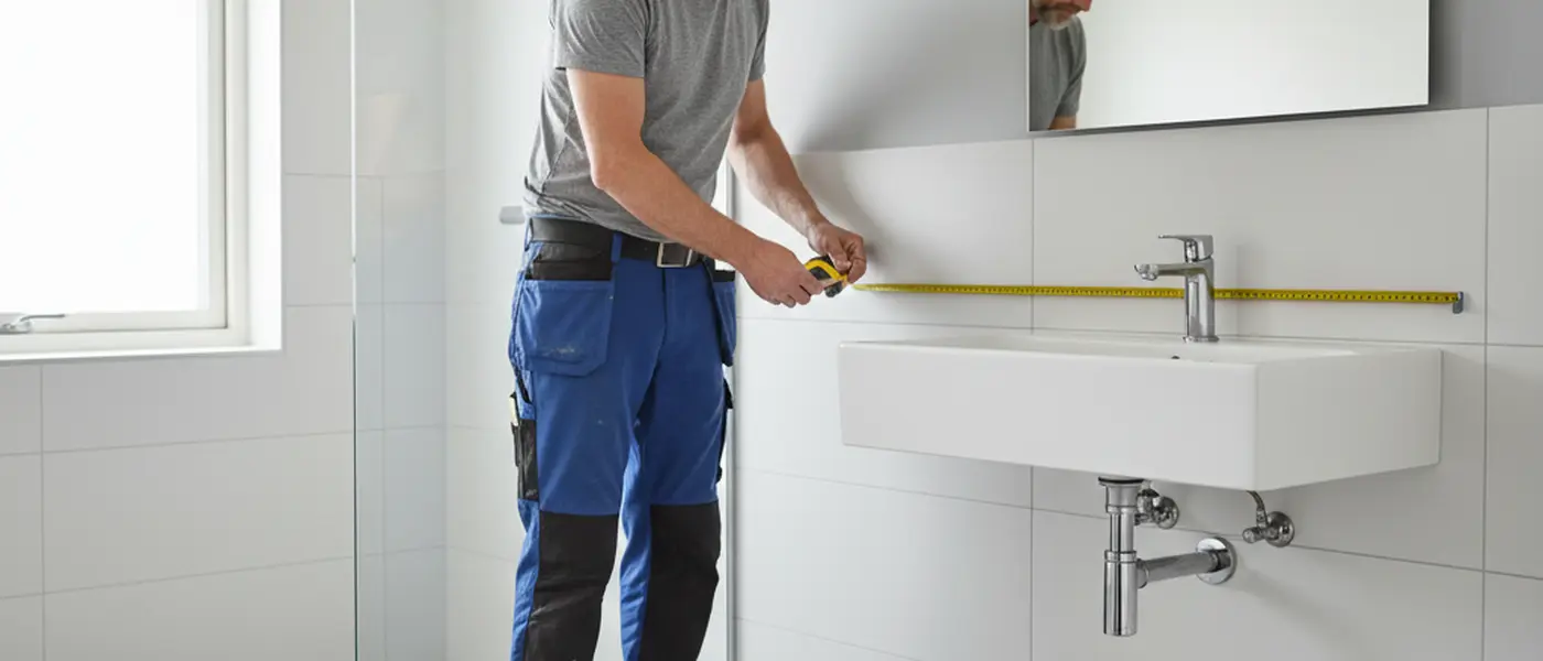 Hantverkare mäter badrumsvägg med måttband i ett halvkaklat rum med moderna armaturer