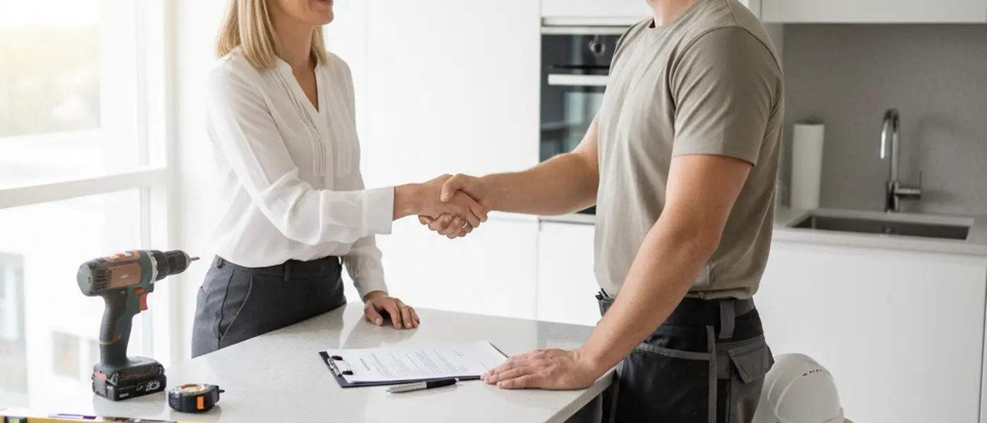 Kvinna och hantverkare skakar hand över ett signerat kontrakt vid ett köksbord i en svensk lägenhet