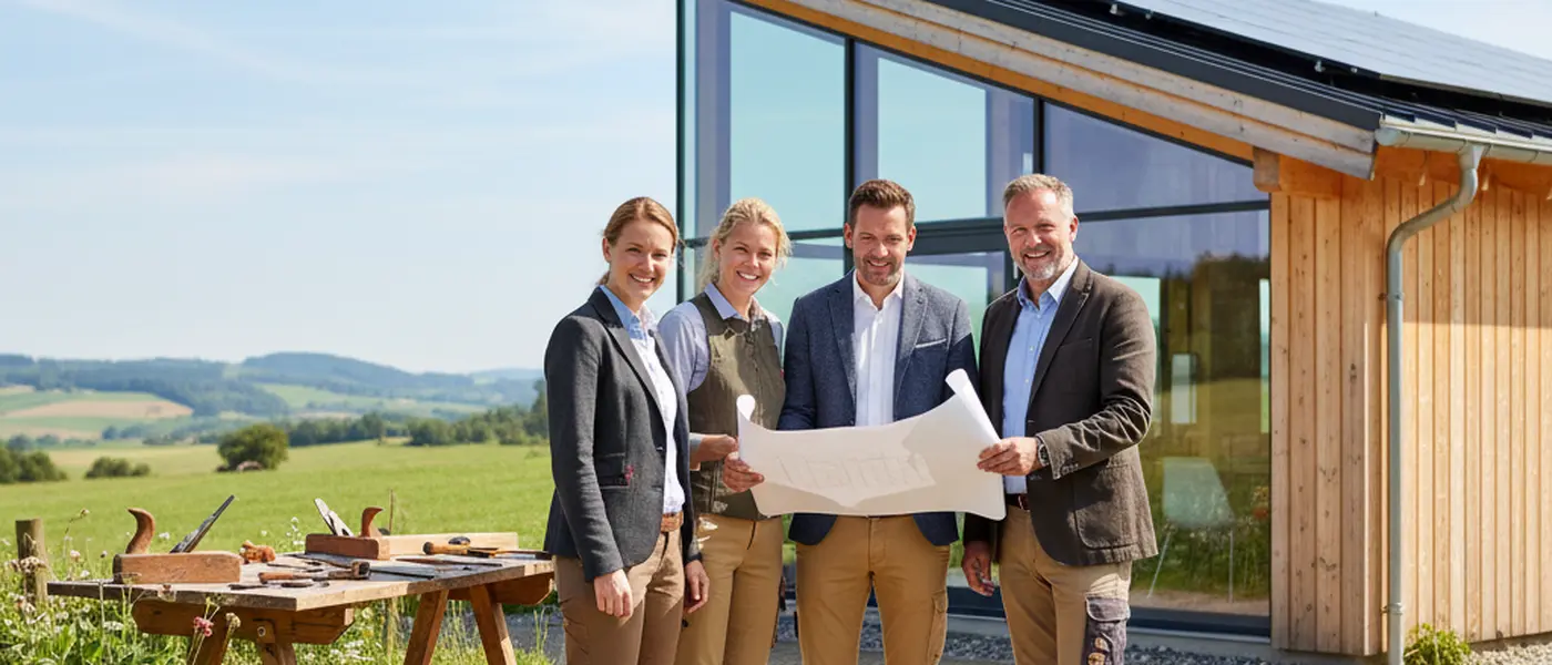 Husägare granskar renoveringsofferter vid köksbord med ritningar och laptop i skandinavisk inredning