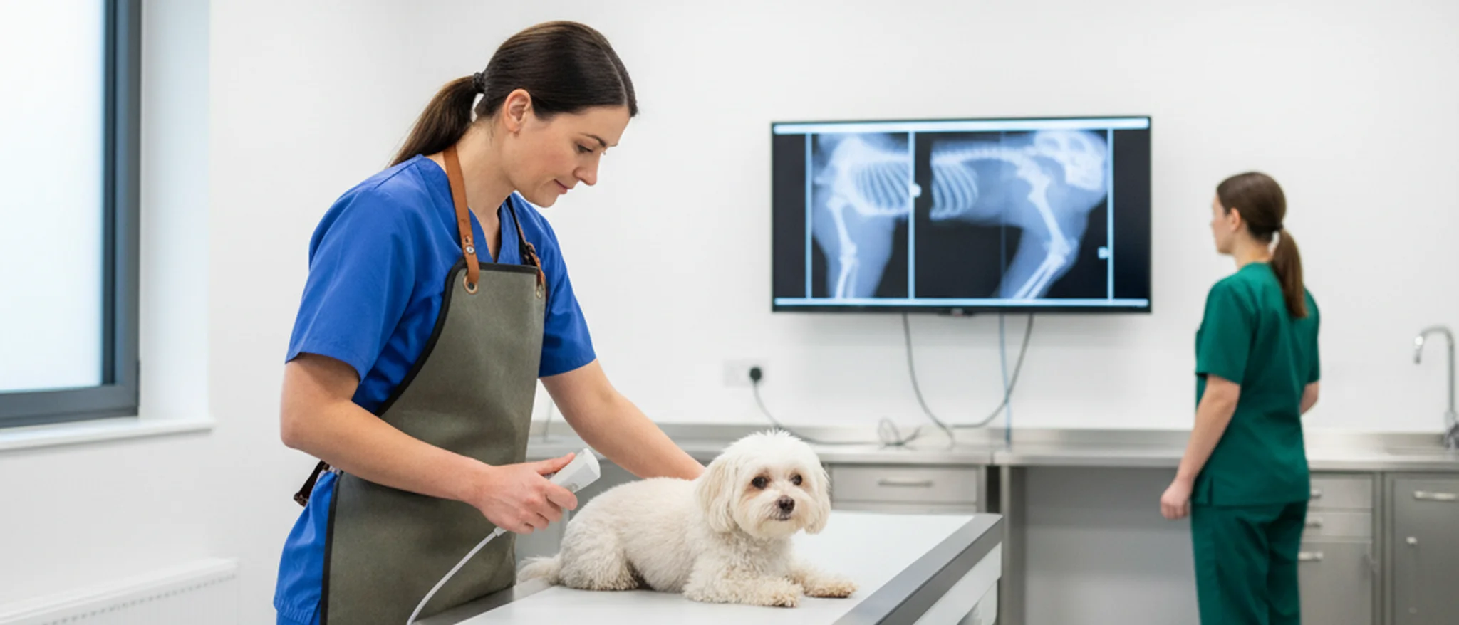 Veterinary surgeon examining a small dog with digital X-ray equipment in a modern British clinic