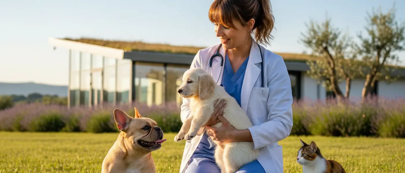 British veterinarian examining a golden retriever on an examination table in a modern veterinary clinic