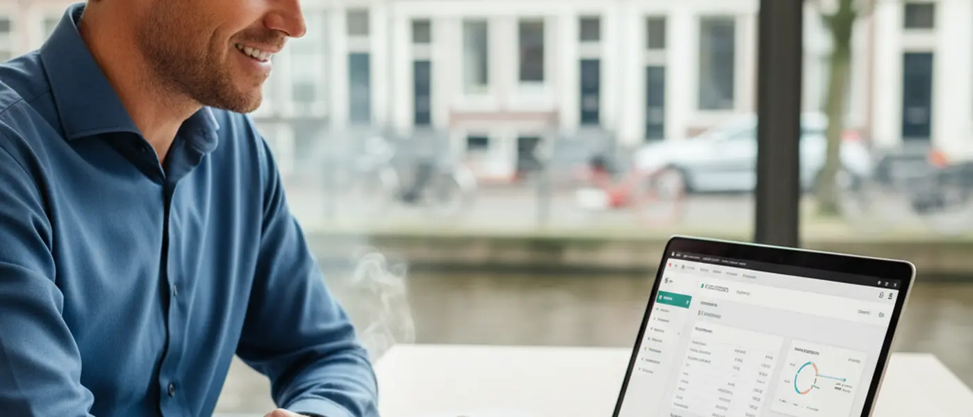 Zzp'er bekijkt online boekhoudsoftware met btw-overzicht en facturen op een laptop