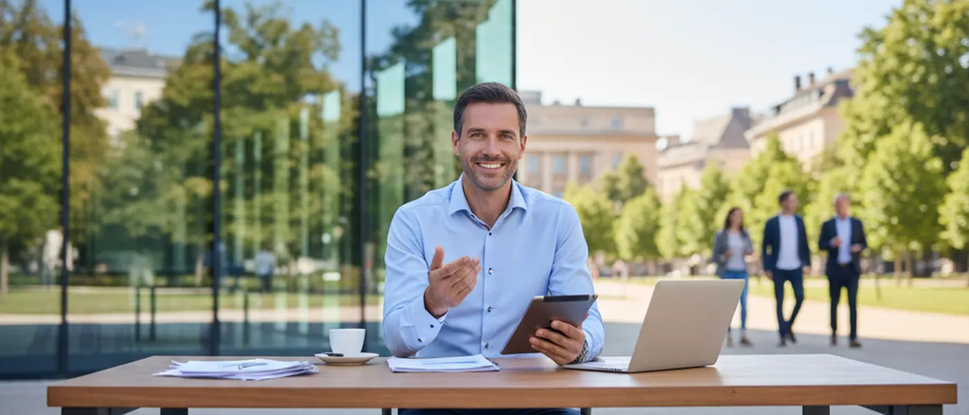 Nederlandse freelancer in gesprek met een boekhouder aan een bureau in een licht kantoor in Amsterdam