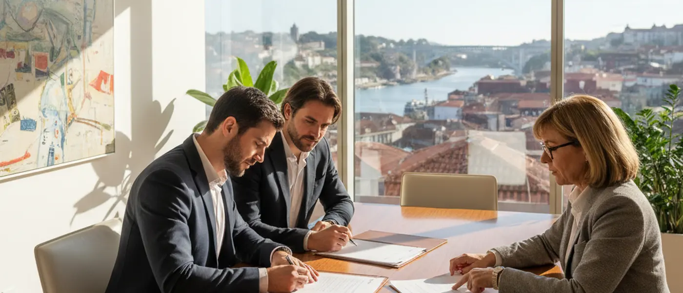 Casal a assinar documentos de compra de imóvel num escritório moderno no Porto com advogado e notário