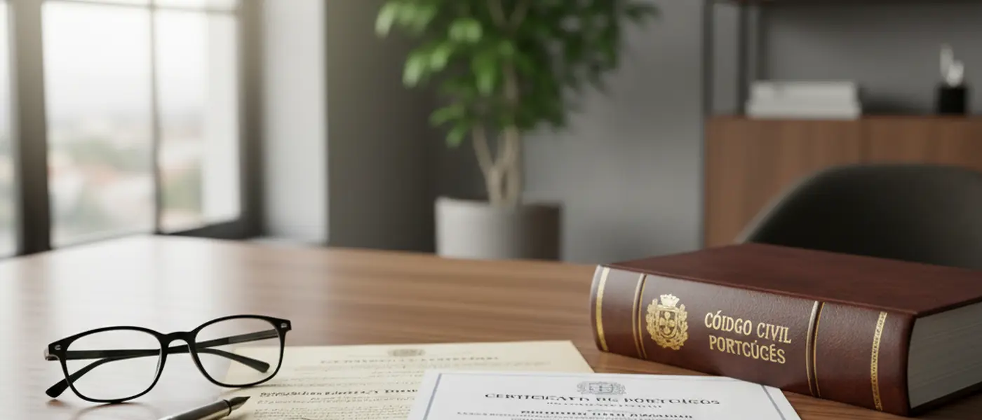 Escritura predial e certidão de registo sobre uma secretária com código civil português e óculos de leitura