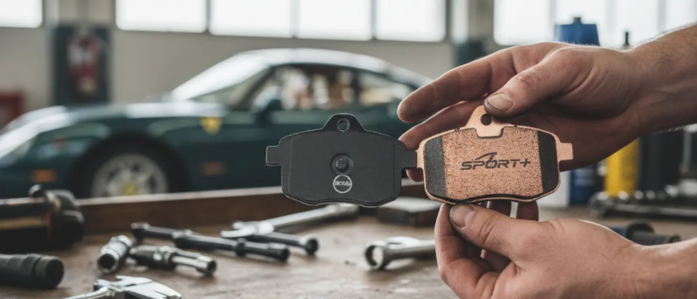 Meccanico italiano in tuta blu che ispeziona il vano motore di un'auto in un'officina attrezzata