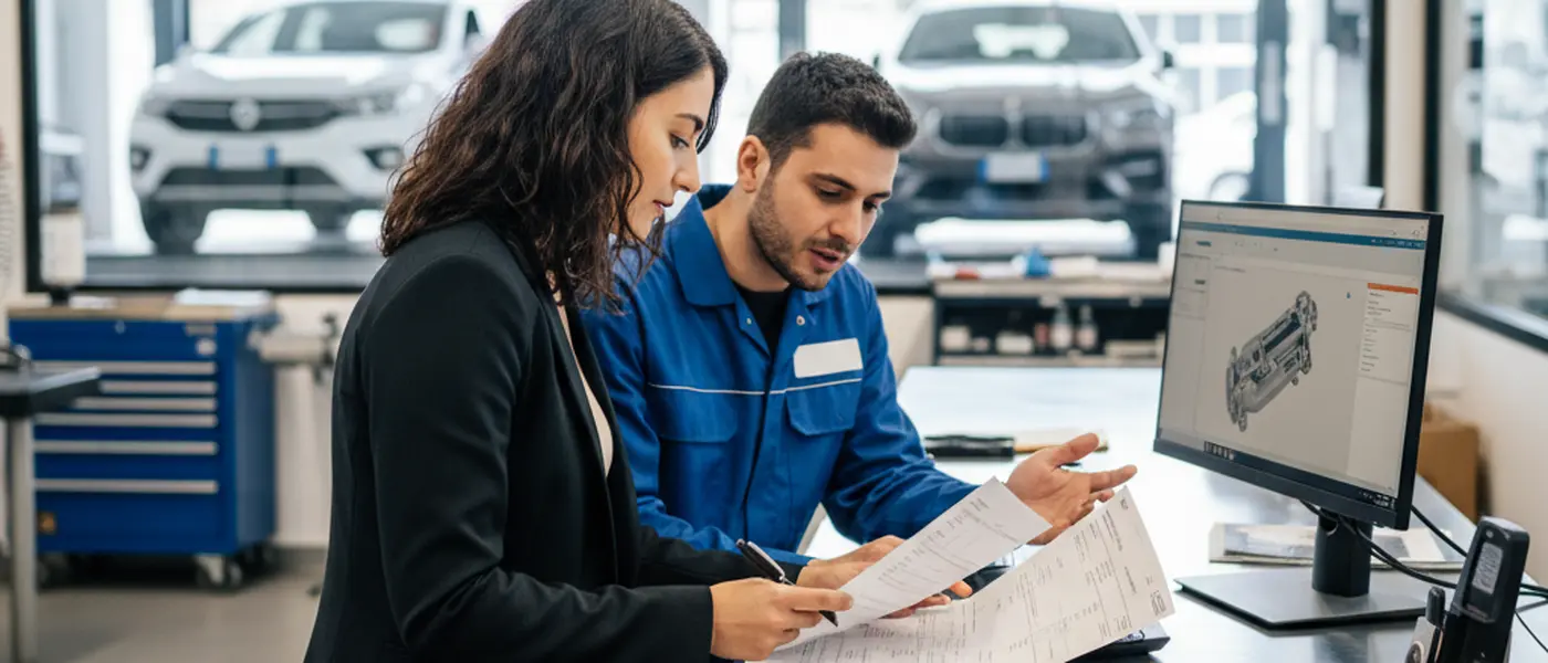 Donna che esamina un preventivo dettagliato con il meccanico al banco di un'autofficina