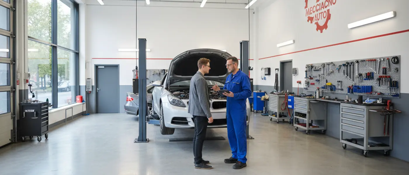 Meccanico italiano che ispeziona il vano motore di un'auto in un'officina attrezzata con ponte sollevatore