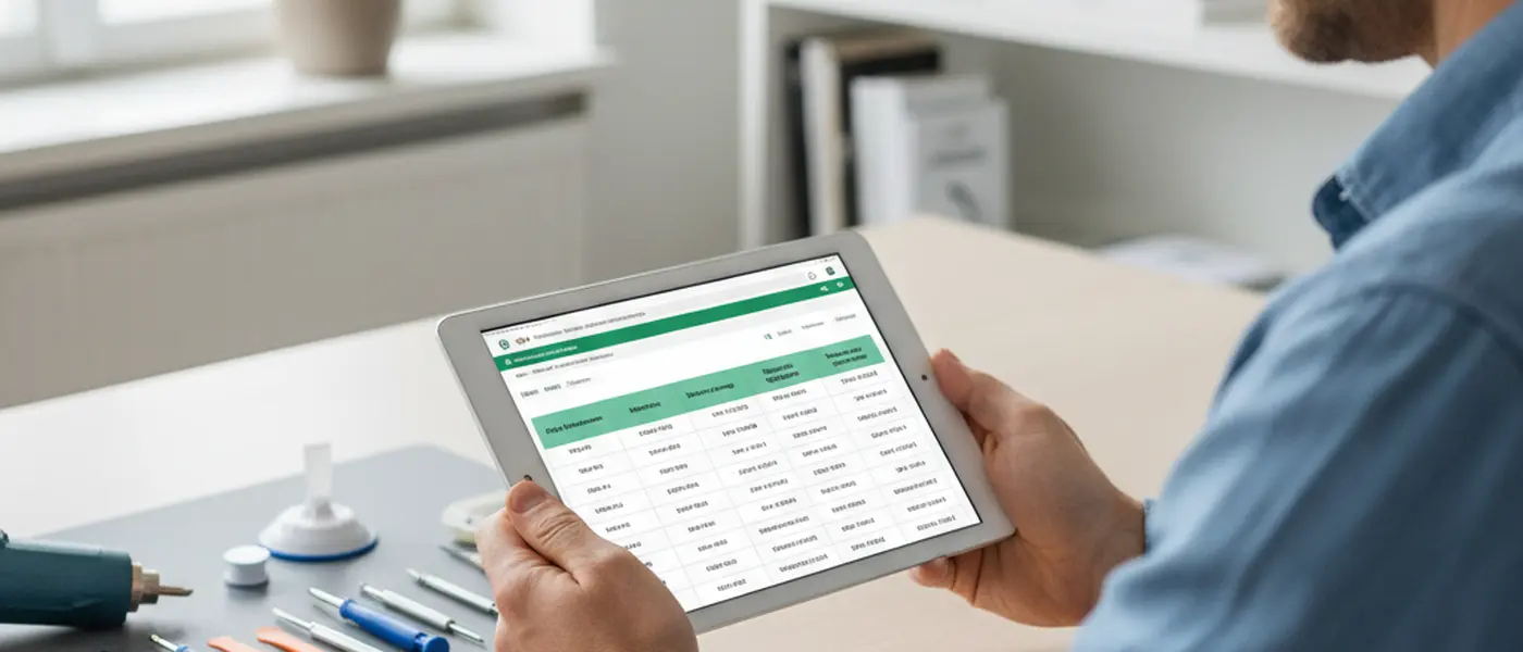 Vergleich der Reparaturkosten auf einem Tablet neben einem defekten Smartphone und Werkzeugen auf einem Schreibtisch