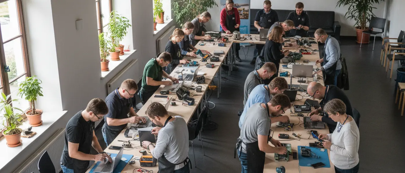 Freiwillige helfen Teilnehmern beim Reparieren elektronischer Geräte in einem Repair Café in Deutschland