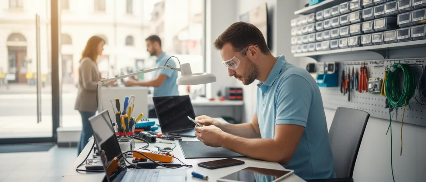 Elektronik-Techniker repariert ein Laptop-Mainboard mit Lötkolben an einer professionellen Werkbank
