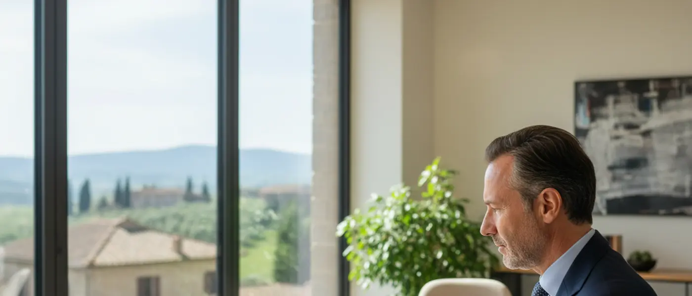 Consulente finanziario italiano che analizza grafici di borsa su laptop in ufficio