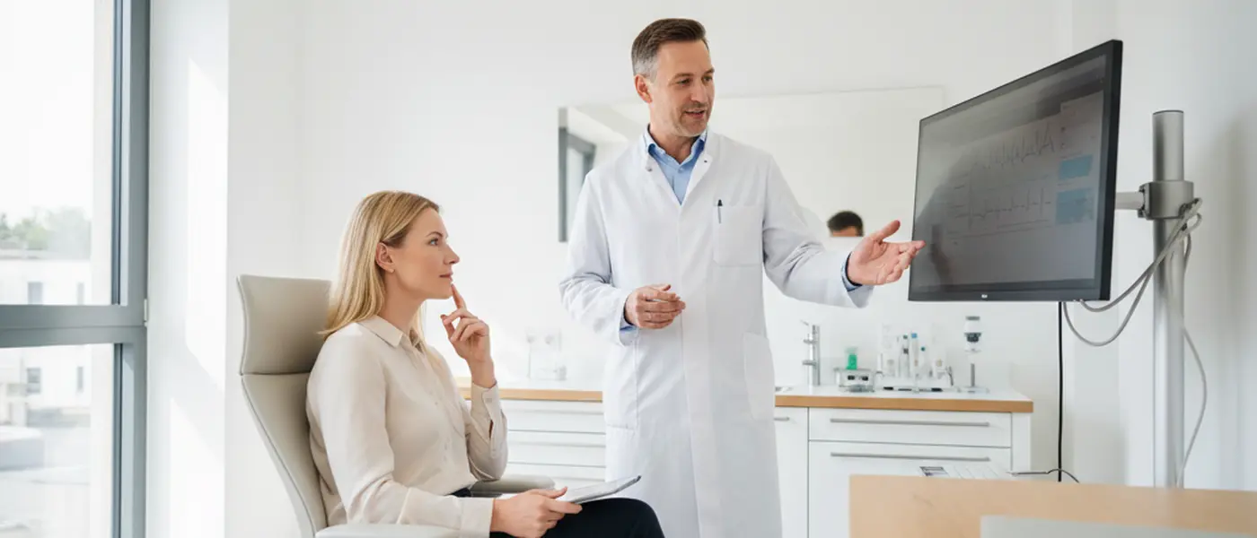 Arzt erklärt einem Patienten in einem modernen deutschen Untersuchungszimmer medizinische Informationen