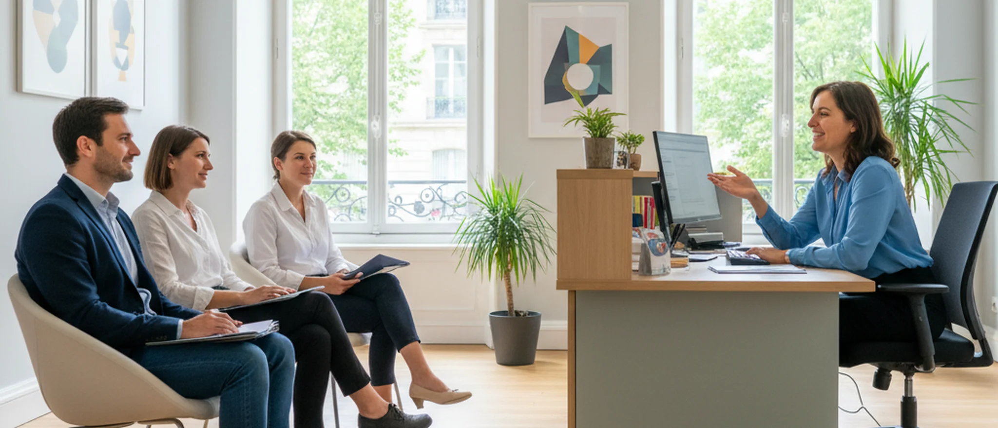 Centre d'aide juridique gratuite en France avec des personnes en salle d'attente et un professionnel à l'accueil