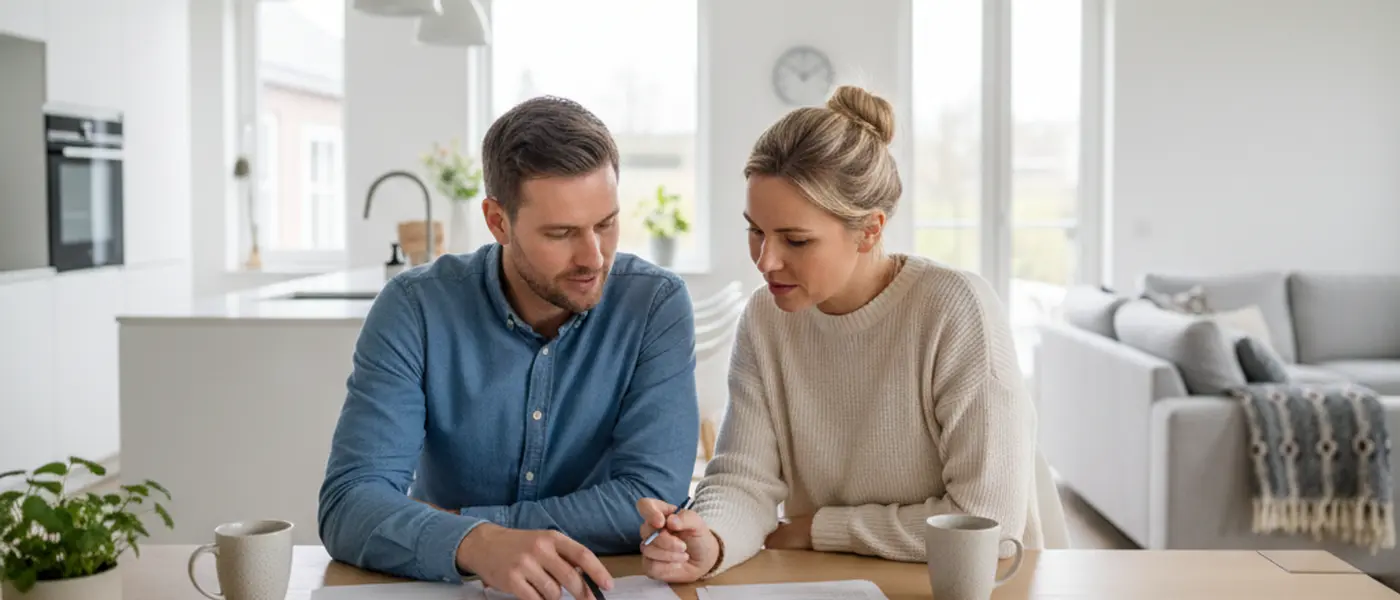 Nederlands koppel bekijkt huurcontract documenten aan de keukentafel in een modern interieur
