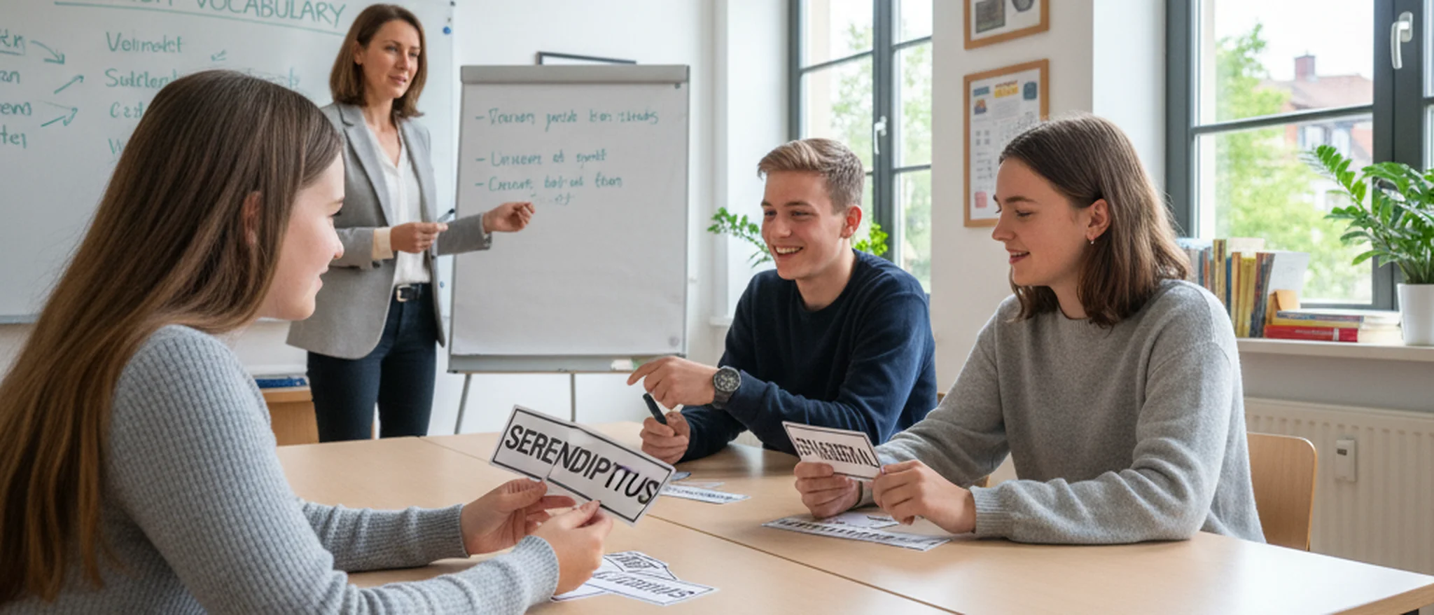 Drei Jugendliche üben englische Vokabeln in einer kleinen Nachhilfegruppe mit Lehrkraft an einem Whiteboard