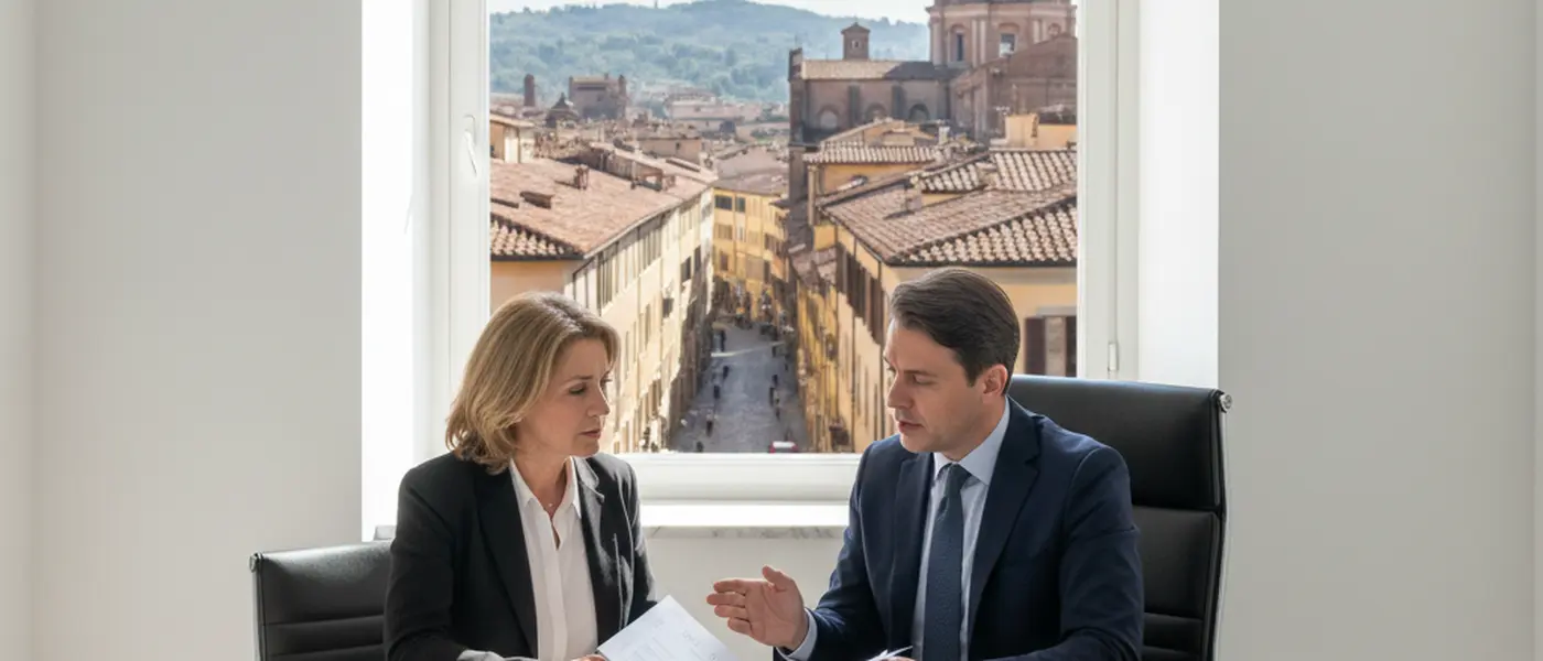 Avvocato italiano che esamina documenti medici alla scrivania di uno studio legale