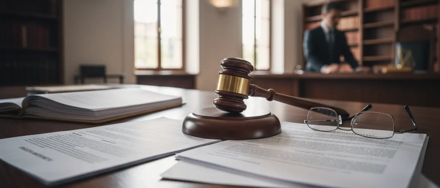 Documenti legali e fascicoli giudiziari su una scrivania di tribunale italiano