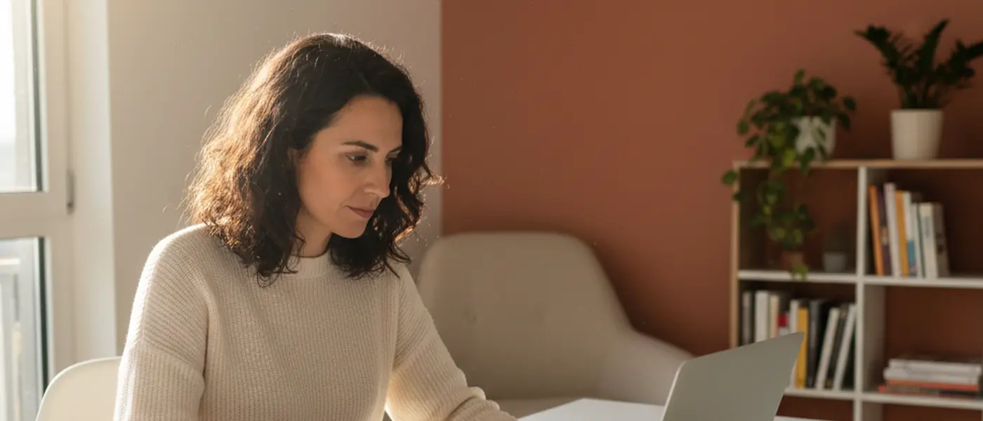 Profissional portuguesa a rever documentos fiscais IRS numa secretária