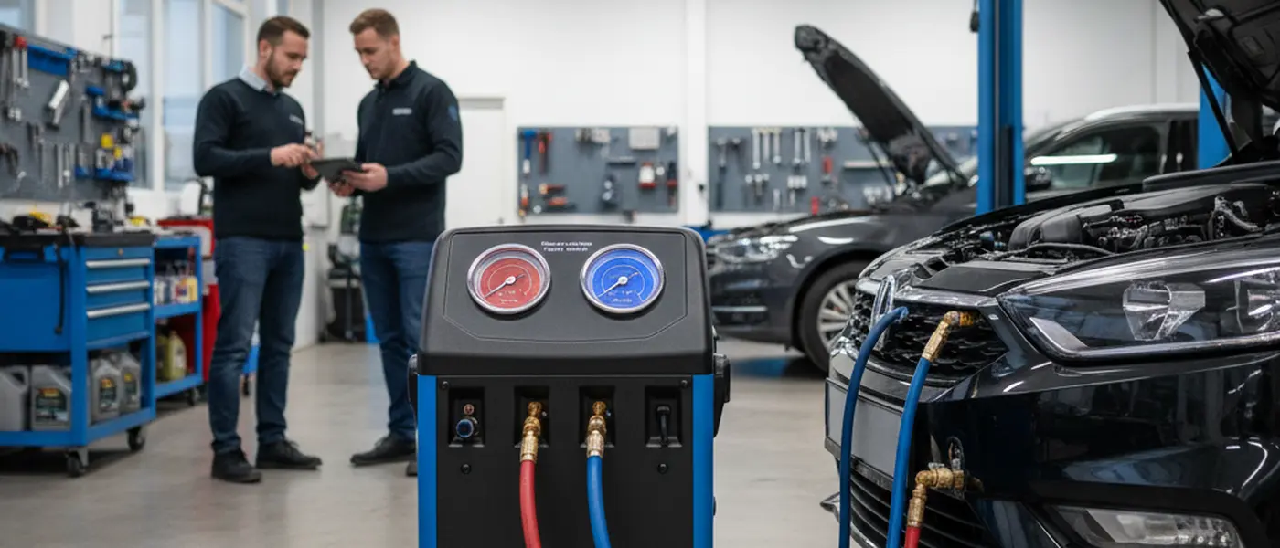 Mekaniker kobler AC-servicemaskin med fargede slanger til en bil i et norsk verksted