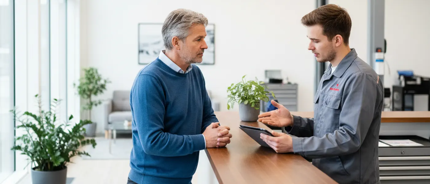 Bileier i samtale med mekaniker ved verkstedets resepsjon om AC-service