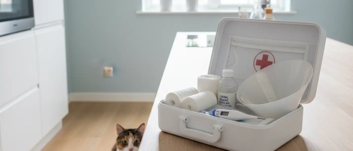 Första hjälpen-kit för husdjur med koksaltlösning, kompresser och termometer på en köksbänk i ett svenskt hem