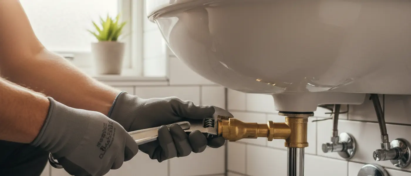 Mains d'un plombier serrant un raccord en laiton sous un lavabo de salle de bain moderne